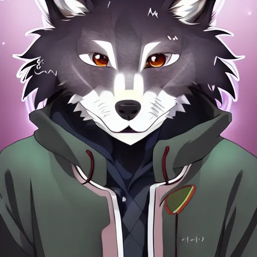 Image similar to key anime visual portrait of an anthropomorphic anthro wolf fursona, in a jacket, with handsome eyes, official modern anime art