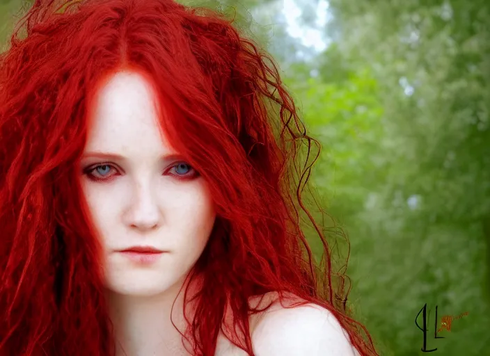 Prompt: award winning 3 5 mm close up face portrait photo of a redhead with blood - red wavy hair and intricate dragon eyes in a park by luis royo