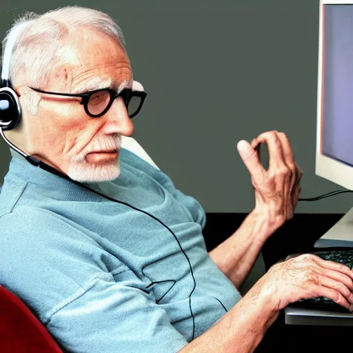 Image similar to A colored colorized real screenshot of Jerma985 as an elderly guy streaming on his computer while wearing headphones, taken in the early 2020s, taken on a 2010s Camera, realistic, hyperrealistic, very realistic, very very realistic, highly detailed, very detailed, extremely detailed, detailed, digital art, trending on artstation, headshot and bodyshot, detailed face, very detailed face, very detailed face, real, real world, in real life, realism, HD Quality, 8k resolution, intricate details, colorized photograph, colorized photon, body and headshot, body and head in view