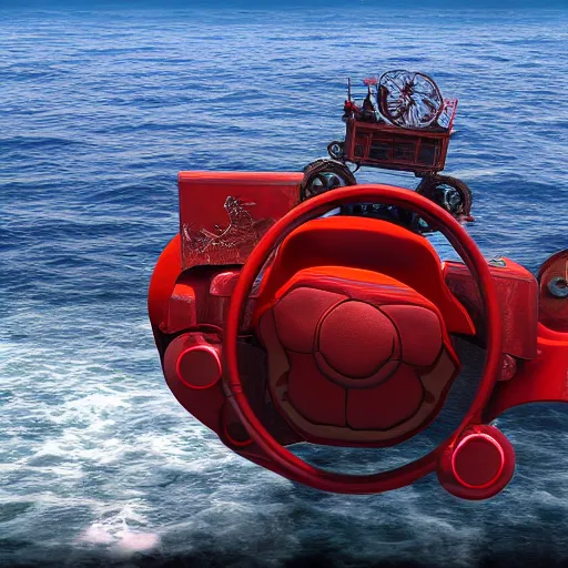 Image similar to red elephant with wheels driving on the Pacific ocean, highly detailed, 8k, bordering on artstation,