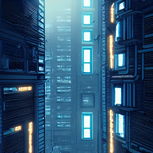 Image similar to One dilapidated building with only one window glowing. ArtStation, Cyberpunk, Vertical Symmetry, 8K, Highly Detailed, Intricate, Album Art.