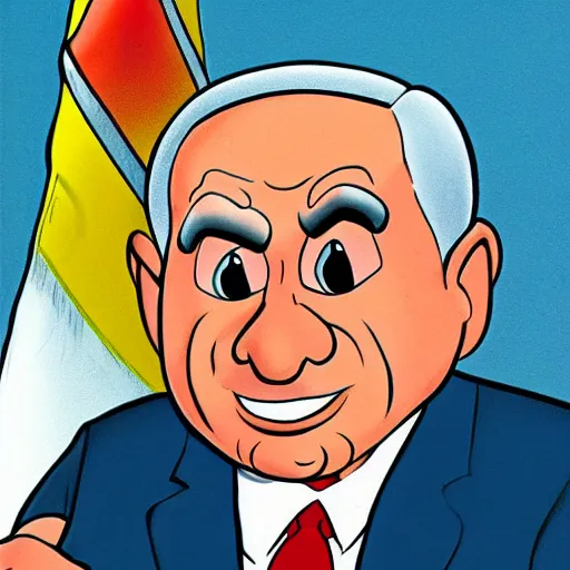 Image similar to cartoon character of Benjamin netanyahu by Carl Barks.