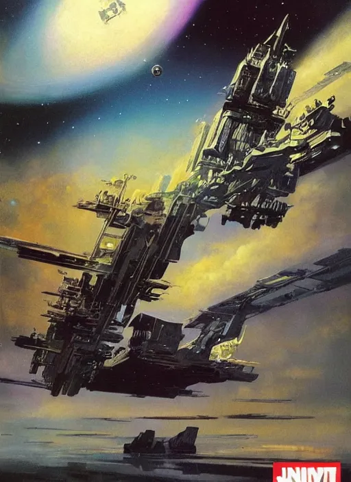 Image similar to understated. distant. negative space dominant. vast. empty. spacious bg. minimalistic piece. simplified environment. lonely cosmos. single ship as main subject. masterpiece book cover illustration by the great famous sci - fi artist john berkey.