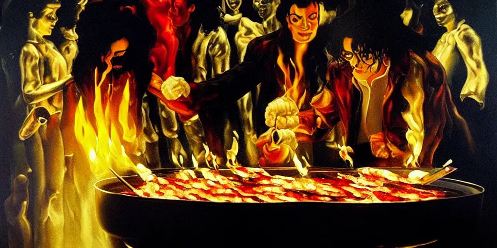 Image similar to michael jackson cooking a bbq in heaven, abstract oil painting by gottfried helnwein pablo amaringo raqib shaw zeiss lens sharp focus high contrast chiaroscuro gold complex intricate bejeweled