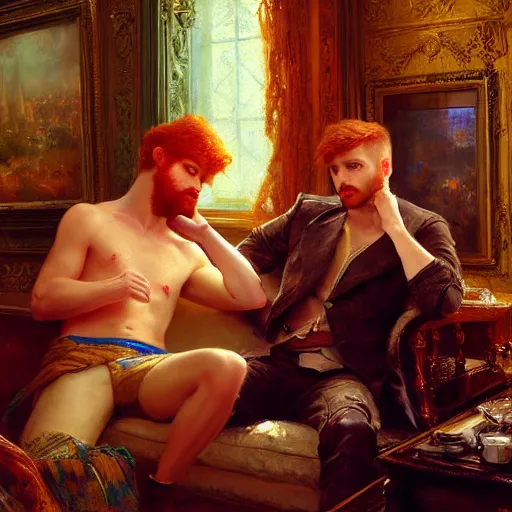 Prompt: attractive male mike with ginger hair with attractive male tyler with brunet hair, drinking their hearts out, in their noble mansion. highly defined painting, highly detailed painting by gaston bussiere, craig mullins 8 k
