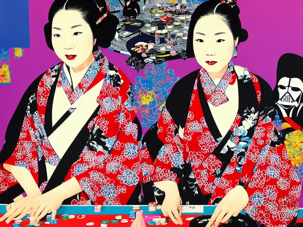 Image similar to hyperrealistic composition of the detailed woman in a japanese kimono sitting at a poker table with detailed darth vader, fireworks, mount fuji on the background, pop - art style, jacky tsai style, andy warhol style, acrylic on canvas