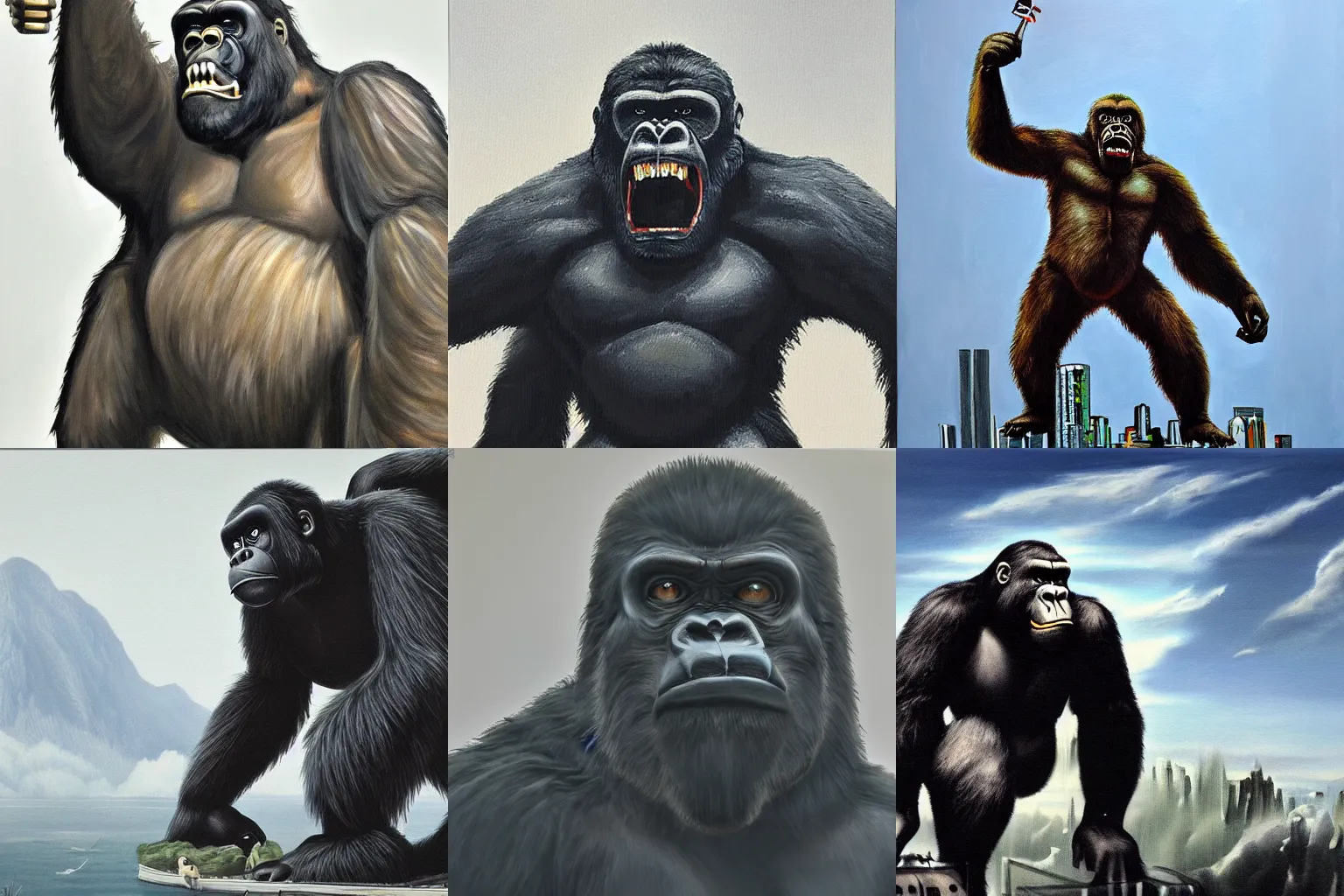 Prompt: painting of King Kong in realistic, maximilism style