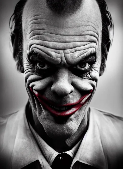 Image similar to photo of Hugo Weaving as the Joker by Lee Jeffries , big smile, head shot, detailed, award winning, Sony a7R