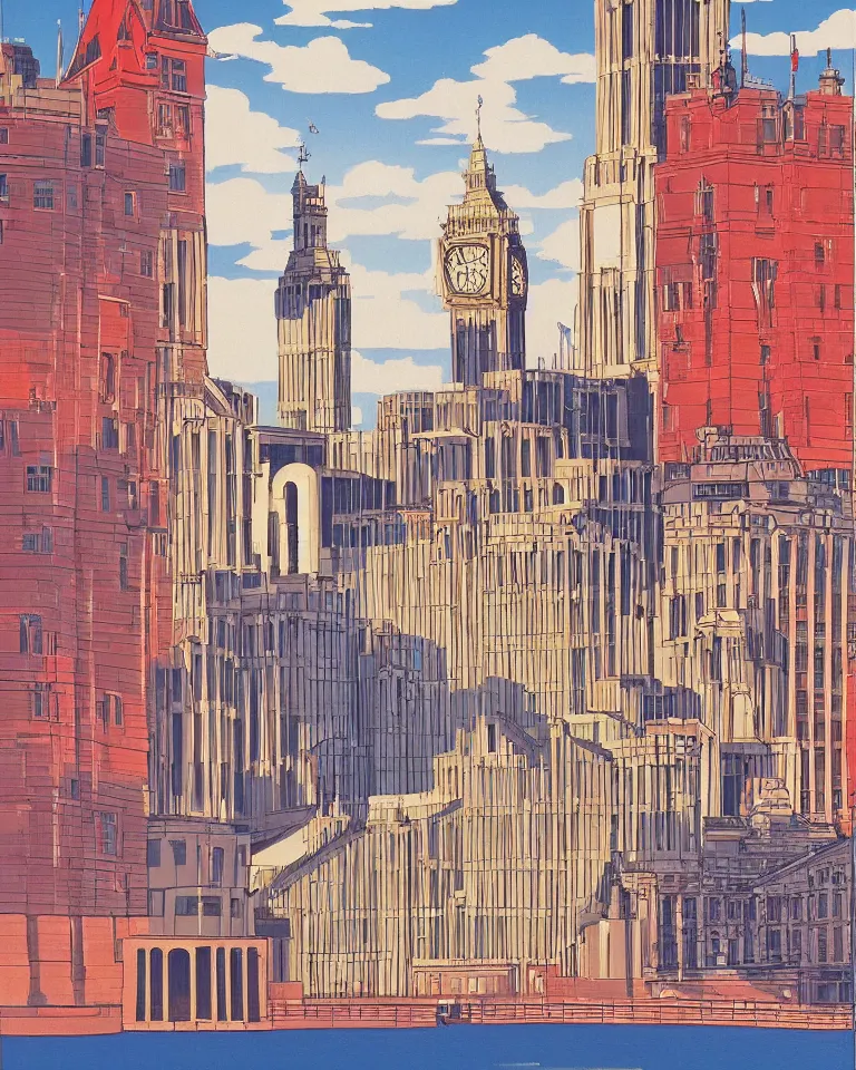 Image similar to city of london, london bridge, big ben, art by hiroshi nagai