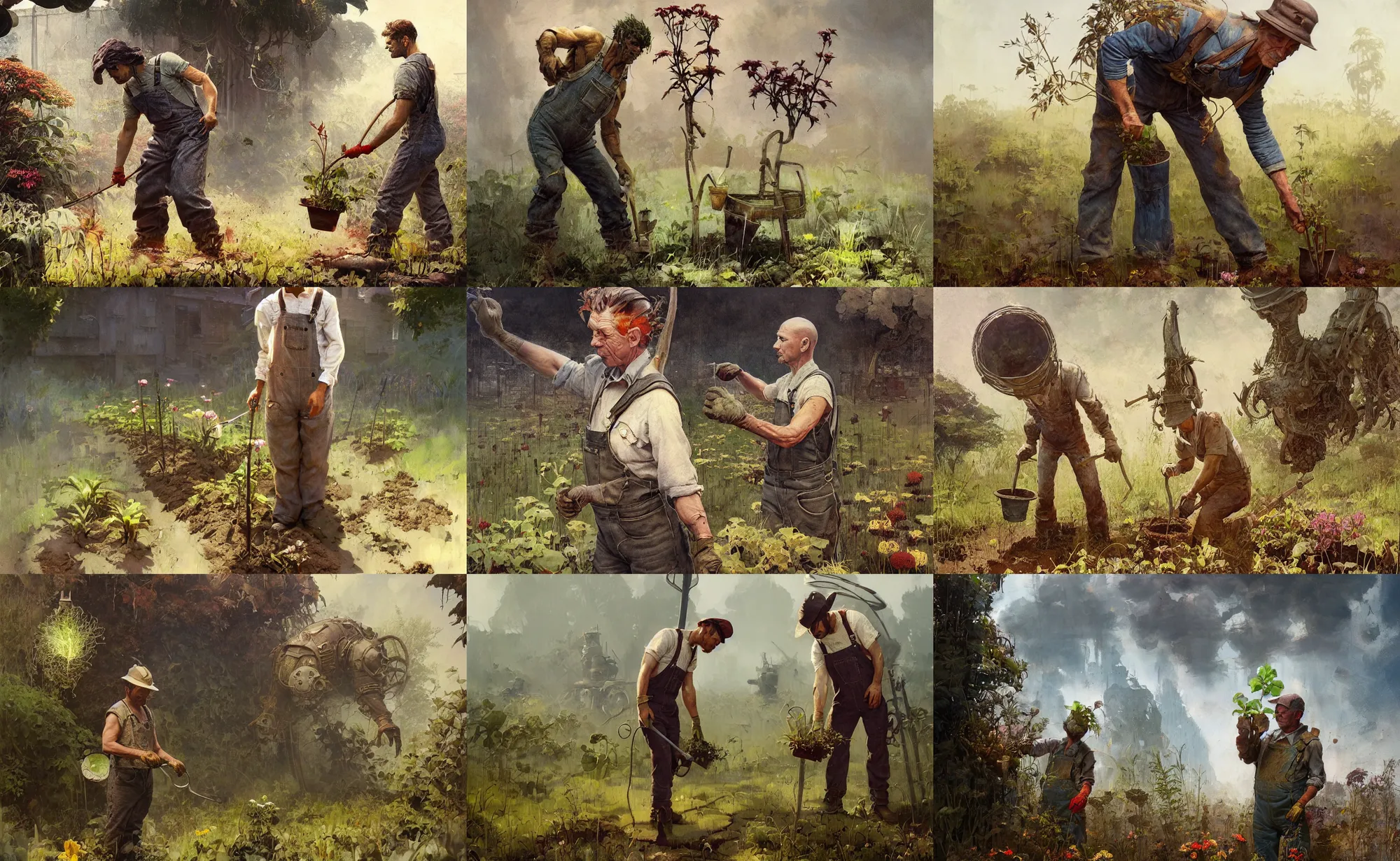 Prompt: A mixed media portrait painting of a gardener in overalls planting a seedling, by Frank Frazetta, Greg Rutkowski, Beeple, Yoko Taro, Christian MacNevin, epic fantasy character art, high fantasy, CGsociety, full length, exquisite detail, post-processing, masterpiece, cinematic