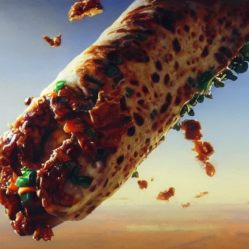 Image similar to The worlds most delicious burrito, 5 star food, tasty, yummy, detailed, centered, digital painting, artstation, concept art, donato giancola, Joseph Christian Leyendecker, WLOP, Boris Vallejo, Breathtaking, 8k resolution, extremely detailed, beautiful, establishing shot, artistic, hyperrealistic, beautiful face, octane render, cinematic lighting, dramatic lighting, masterpiece