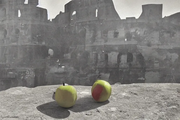 Prompt: An apple sitting on a table over the ruins of a sacked Rome, award winning photograph.