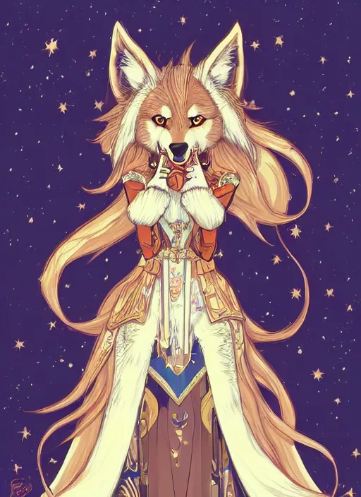 Image similar to commissioned full body portrait of a female anthro wolf princess fursona with white fur and long red hair hair wearing a blue and gold Japanese armored dress in a white and gold palace on a starry night with a large crescent moon, by a professional manga illustrator, by Kilian Eng, by Sandra Chevrier, trending on artstation