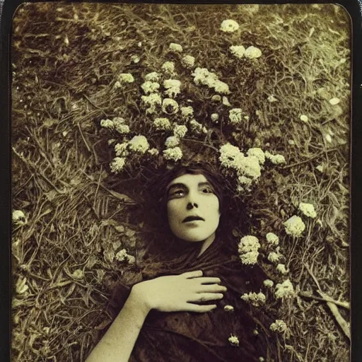 Prompt: portrait of a beautiful woman corpse covered in flowers in the middle of a Forest, ray gods, 1910 polaroid photography,