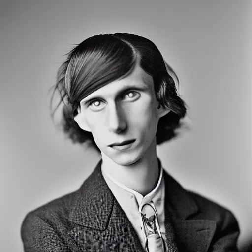 Prompt: High resolution 1930s portrait of a young anorexic man with very long hair and extravagant clothes