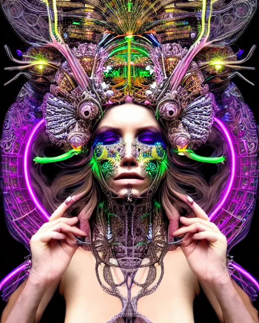 Prompt: hyperrealistic detailed portrait of a beautiful goddess in a cyber headdress, intricate cyberpunk neon make - up, art by ernst haeckel, nekro borja, alphonso mucha, h. r. giger, ornamental gothic - cyberpunk,