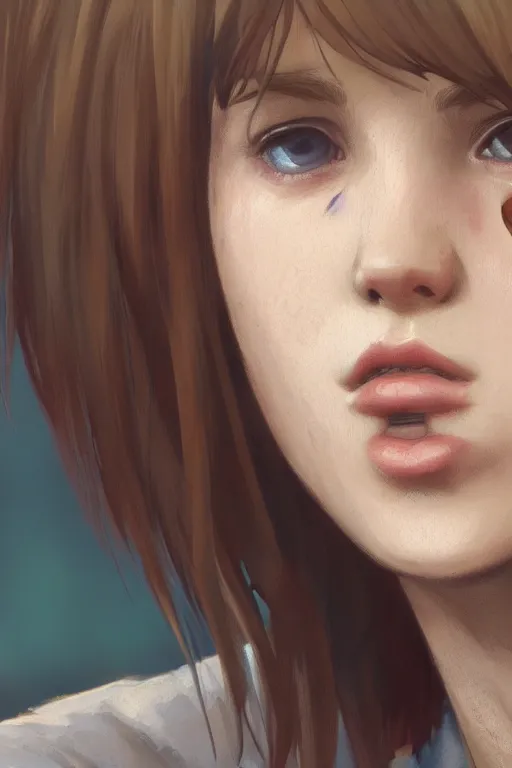 Image similar to detailed concept art portrait of max caulfield from life is strange, youth, cute, on a depth of field background, artstation, award - winning realistic sci - fi concept art by jim burns and greg rutkowski, beksinski, a realism masterpiece, expressive color palette, james gilleard, bruegel, alphonse mucha, and yoshitaka amano