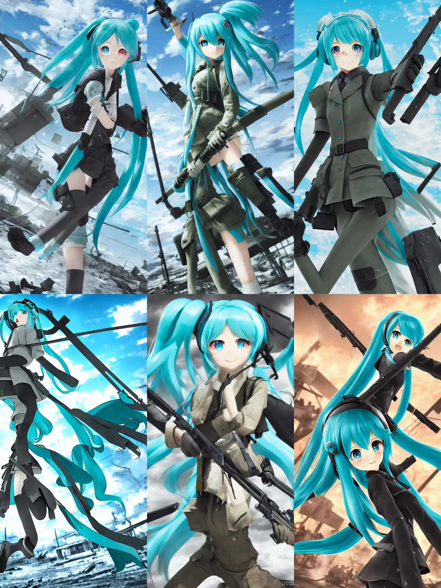 Prompt: Hatsune Miku in the WW2 Battle of Stalingrad frontlines, extremely detailed, 4k high resolution, anime pixiv