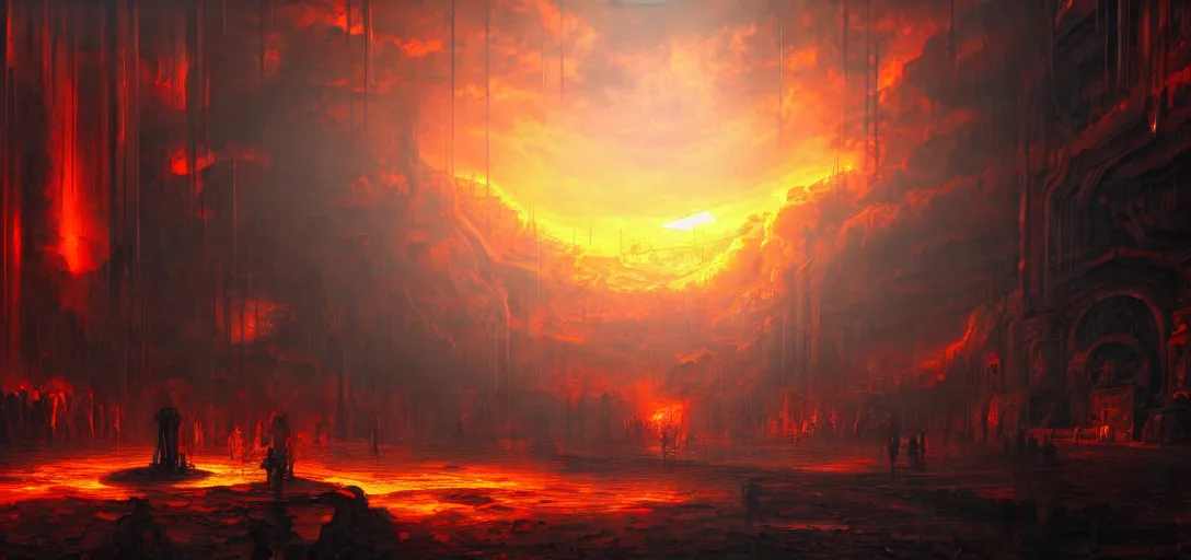 Image similar to baroque oil painting of environment of a hell portal in a cyberpunk world, brutalist, dark fantasy, sunset, rule of thirds, digital cel shading, fake hidden detail, trending on pixiv fanbox