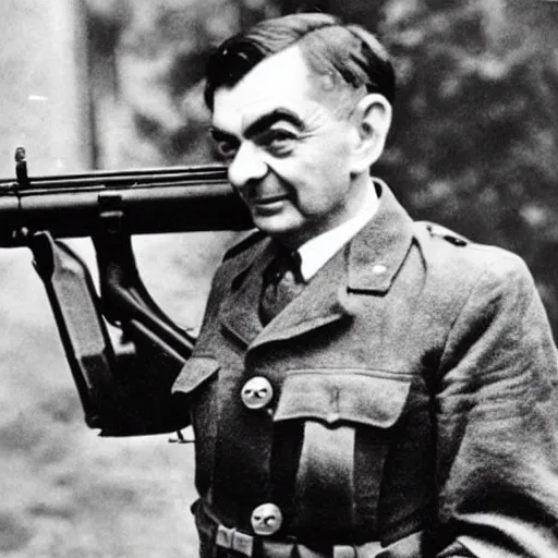 Prompt: old wartime photograph of mr. bean holding a lewis gun, 1 9 1 7