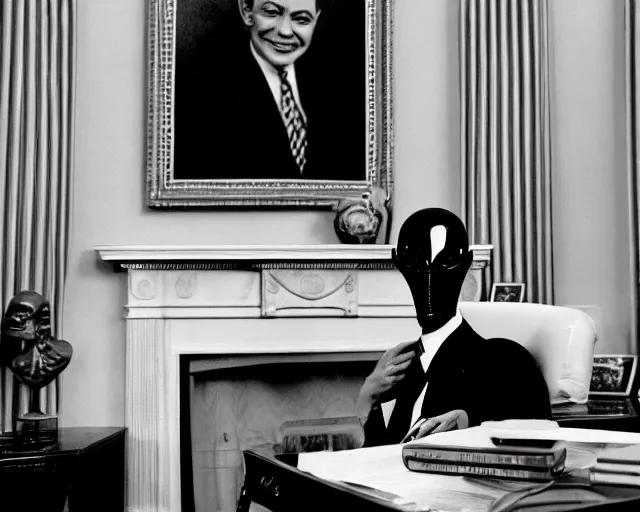 Prompt: a b-move alien lizard man wearing a suit, in the oval office, 1951, early black and white photo, cdx