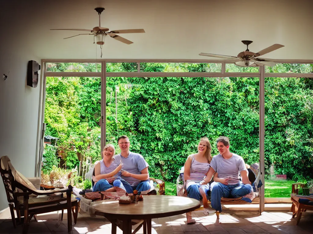 Image similar to couple sitting in garden room, wide angle, lens distortion, high contrast, cinecolor, soft lighting, multiple table fans placing around them, day light, happy mood