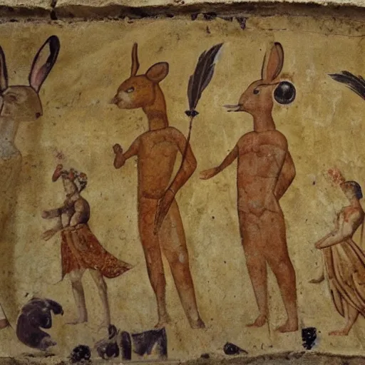 Prompt: an ancient roman mural of rabbits eating grass