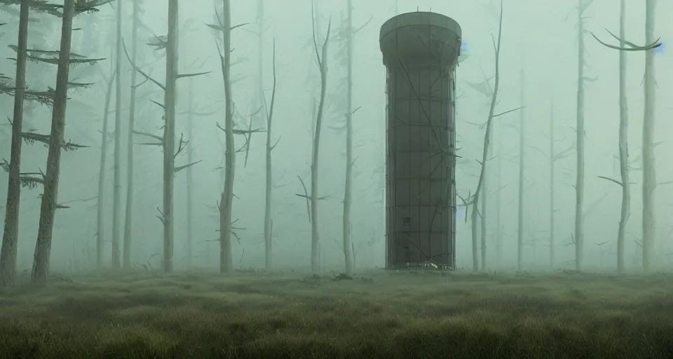 Image similar to Derelict Radio Tower in a pine forest landscape, very foggy and hazy, rendered by zdzisław beksiński, simon stålenhag, Beeple, environment concept, digital art, starwars, unreal engine, 3 point perspective, WLOP, trending on artstation, low level, 4K UHD image, octane render,