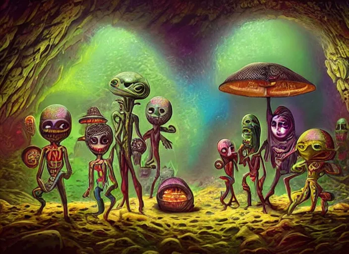 Image similar to 👽👾 aliens, in a beautiful cave, lowbrow, amazing colorful background, digital art, concept art, in the style of mark ryden, 3 - d 4 k,