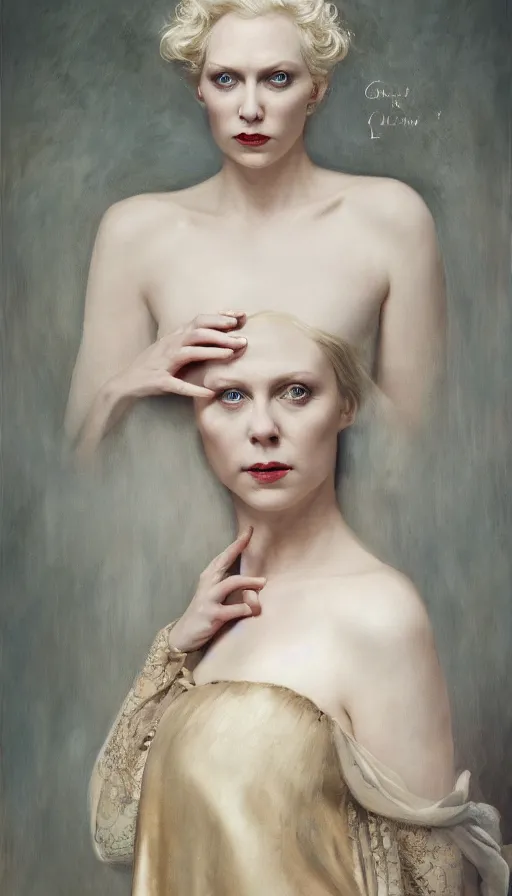 Prompt: exquisite oil painting on canvas of gwendoline christie portraying lucifer, woman's portrait, gorgeous face, goldilocks, porcelain looking skin, intense gaze golden eyes, unique and intricate painting, stunning ivory dress, elegant, majestic, 4 k, ultra high quality, canon, hyperrealist, by annie leibovitz