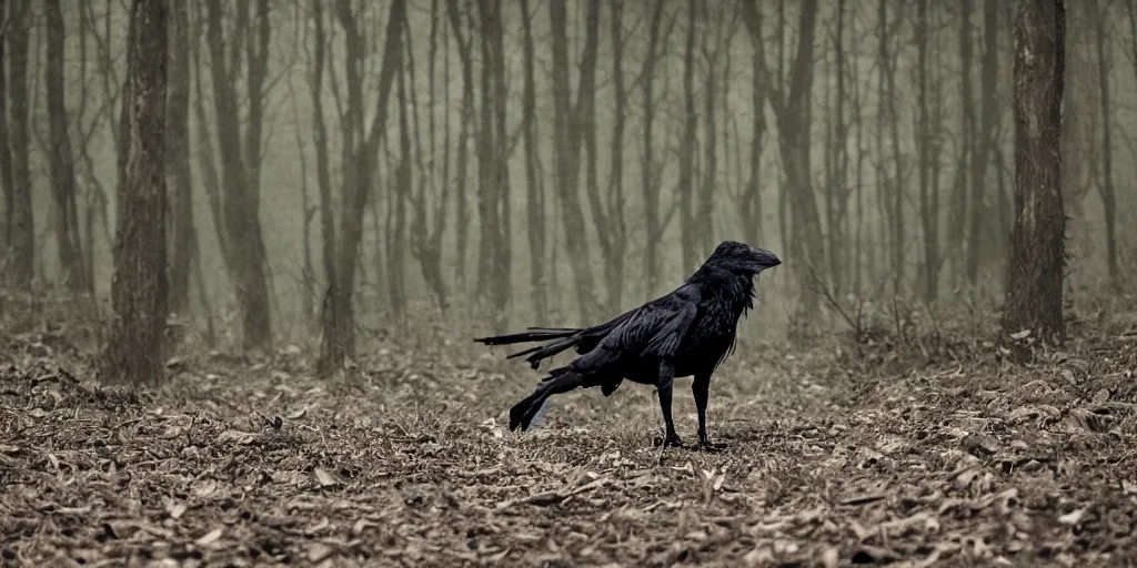 Image similar to mixture between an crow and! wolf,! single - subject, photograph captured in a dark forest