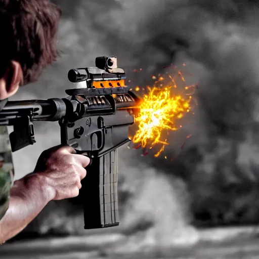 Image similar to man firing ar - 1 5, muzzle flash visible at the end of the barrel, highly detailed, photograph, firepower united