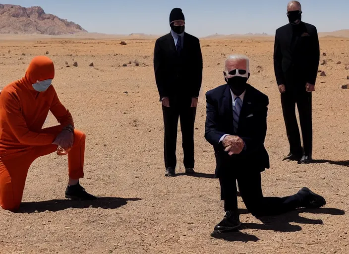 Image similar to joe biden kneeling down in the desert in an orange prison outfit, next to him are two men dressed in full black with black balaclavas, 3 5 mm photograph