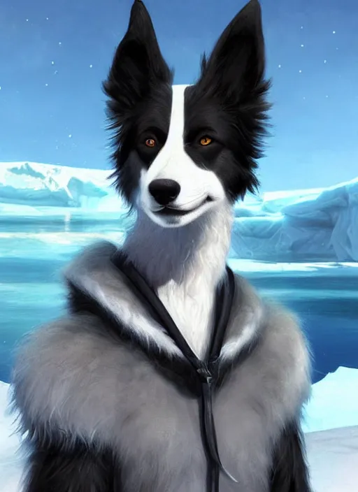 Image similar to beautiful portrait of a cute anthro male anthropomorphic border collie fursona wearing a swimsuit in antarctica. character design by charlie bowater, henry asencio, and ross tran. scenic background, detailed, glamor pose, aesthetic, furry, trending on artstation, top rated on furaffinity and deviantart