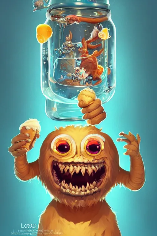 Prompt: highly detailed, 3 d cartoon, intricate stunning image of animation monster with big tongue several hands, beer jar, ice cream, big eyes, fur blue colours a glowing aura stuff loot legends stylized digital illustration video game icon artstation lois van baarle, ilya kuvshinov, rossdraws,