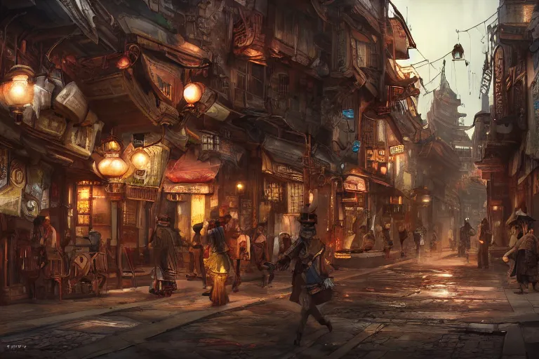 Image similar to asian steampunk street concept art artstation cinematic,