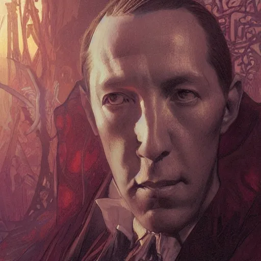 Image similar to amazing lifelike award winning pencil illustration of h.p. lovecraft trending on art station artgerm Greg rutkowski alphonse mucha cinematic