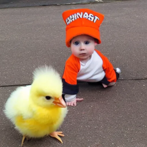 Image similar to cute baby chick dressed as an inmate