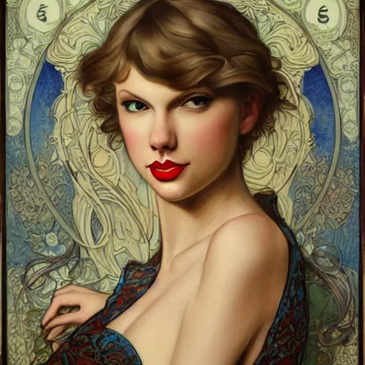 Image similar to romantic painted portrait of taylor swift by james jean, mucha, andrew loomis, masterpiece