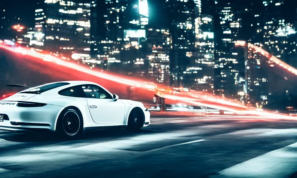 Image similar to photo of a porsche 911 at night drifting through a city, cinematic, 4k, long exposure photography, tokyo drift, fast and furious, film still, night photography, motion blur, lens flare, movie shot, light trail, distortion, wide angle