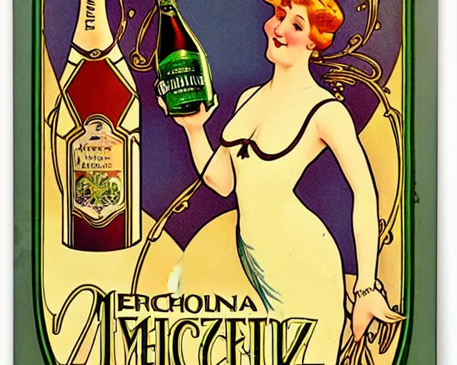 Prompt: art nouveau tin poster, dancer, melchizedek champagne bottle. cheerful, bright