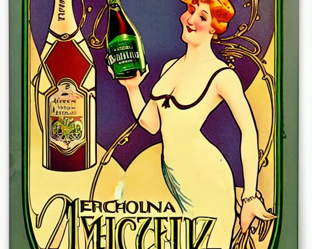 Image similar to art nouveau tin poster, dancer, melchizedek champagne bottle. cheerful, bright