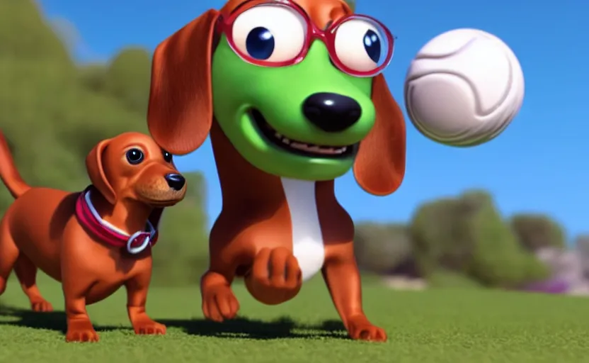 Prompt: happy dachshund catching a ball, suit, business outfit, cgi, 3 d animation, pixar