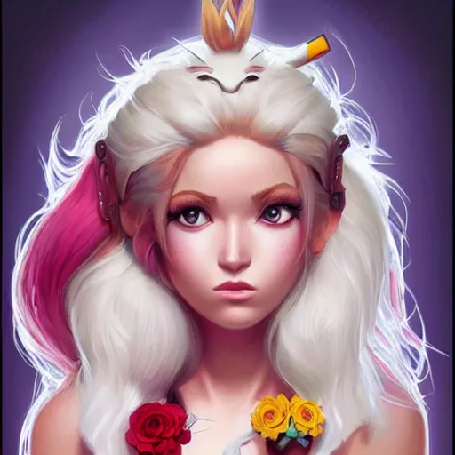 Prompt: Lofi Pokemon original character with wild rose-colored hair, Pixar style, by Tristan Eaton Stanley Artgerm and Tom Bagshaw.