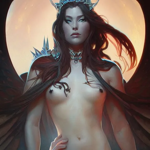 Image similar to lich queen, posing heroically, heavenly, full body close-up shot, elegant, digital painting, cinematic, trending on artstation, concept art, illustration, art by artgerm and Greg Rutkowski and Alphonse Mucha