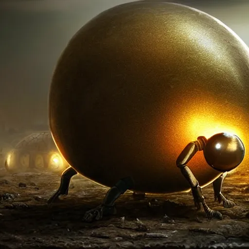 Prompt: a giant dung beetle pushing an equally giant metallic orb through the wastes of an ancient city, photorealistic, ultra detailed, eerie lighting, foggy, deep shadows