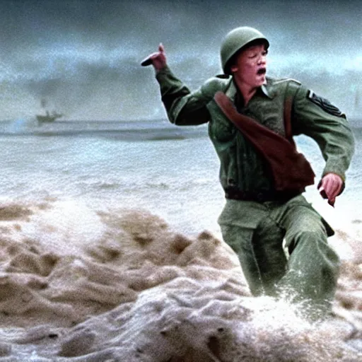 Prompt: photo realistic image of Matthew Lillard as shaggy from scooby doo, storming the beaches of Normandy in 1944, HD, high detail, photorealistic, Hollywood cinematic, Christopher Nolan