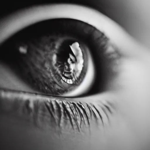 Prompt: close up photo of human eye realistic, dramatic, black and white