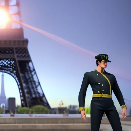 Prompt: a 3 d render of jotaro kujo next to the eiffel tower, hyper - detailed, unreal engine 5, beautiful, the sun is rising, ultra - realistic