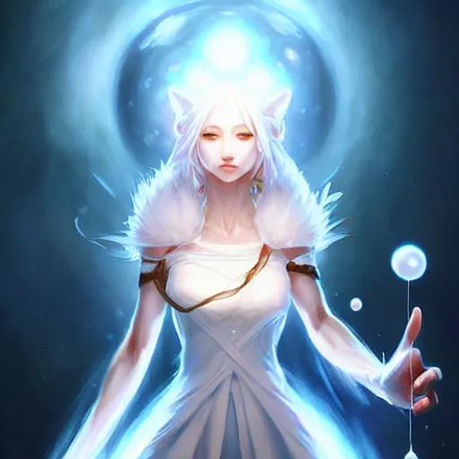 Image similar to a woman in a white dress holding a glowing ball | with nine white fox tails | a detailed painting by ross tran!!!!!!!!!!!!!!! | wlop and stanley artgerm lau | featured on deviantart | fantasy art | anime | 2 d game art | official art